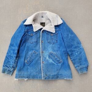Vintage 1970s Wrangler Wrange Coat Denim Sherpa Lined Jacket in Blue Large